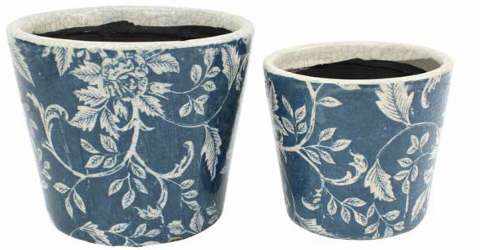 Rustic Floral Print Ceramic Pots Pot Set of 2 Round Indoor Plant Succulent Blue