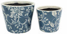 Rustic Floral Print Ceramic Pots Pot Set of 2 Round Indoor Plant Succulent Blue
