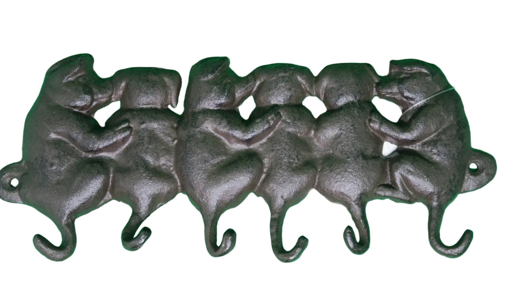 Rustic Pig Piggy Piglets 6 Hook Cast Iron Metal Key Hook Holder
