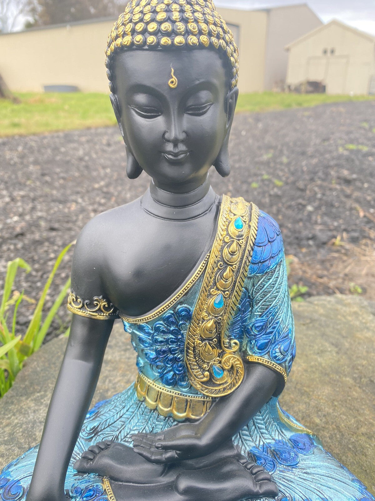 Meditating Thai Buddha In a Blue Peacock Statue Ornament Figurine Home Decor