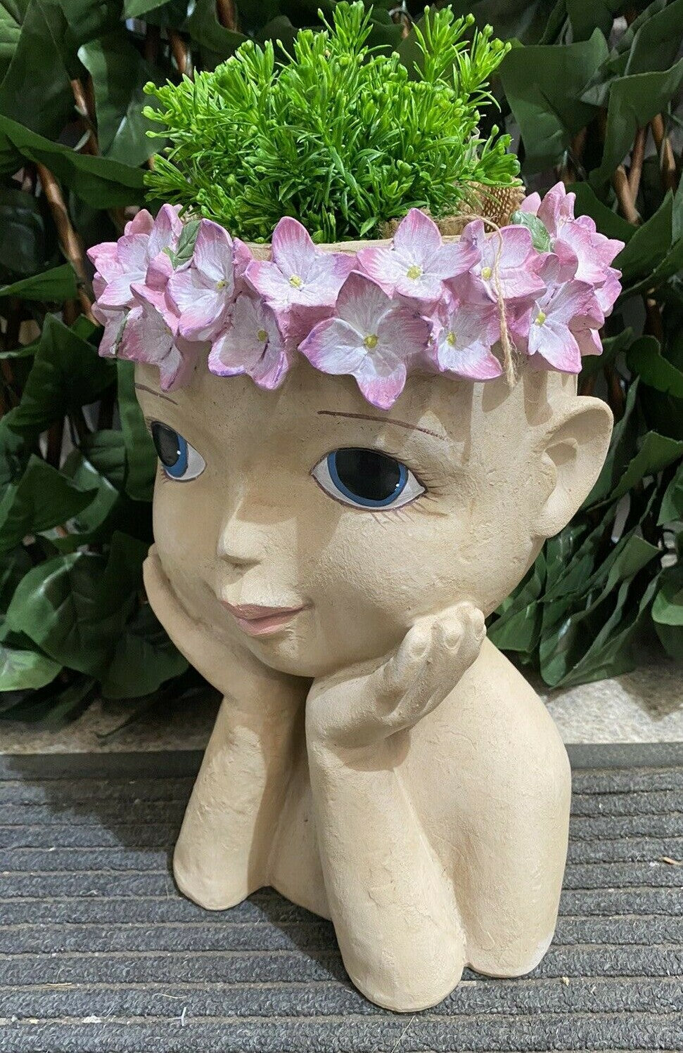Hydrangea Girl Head Planter Pot for Succulents Cactus Indoor Plants Eyes Open