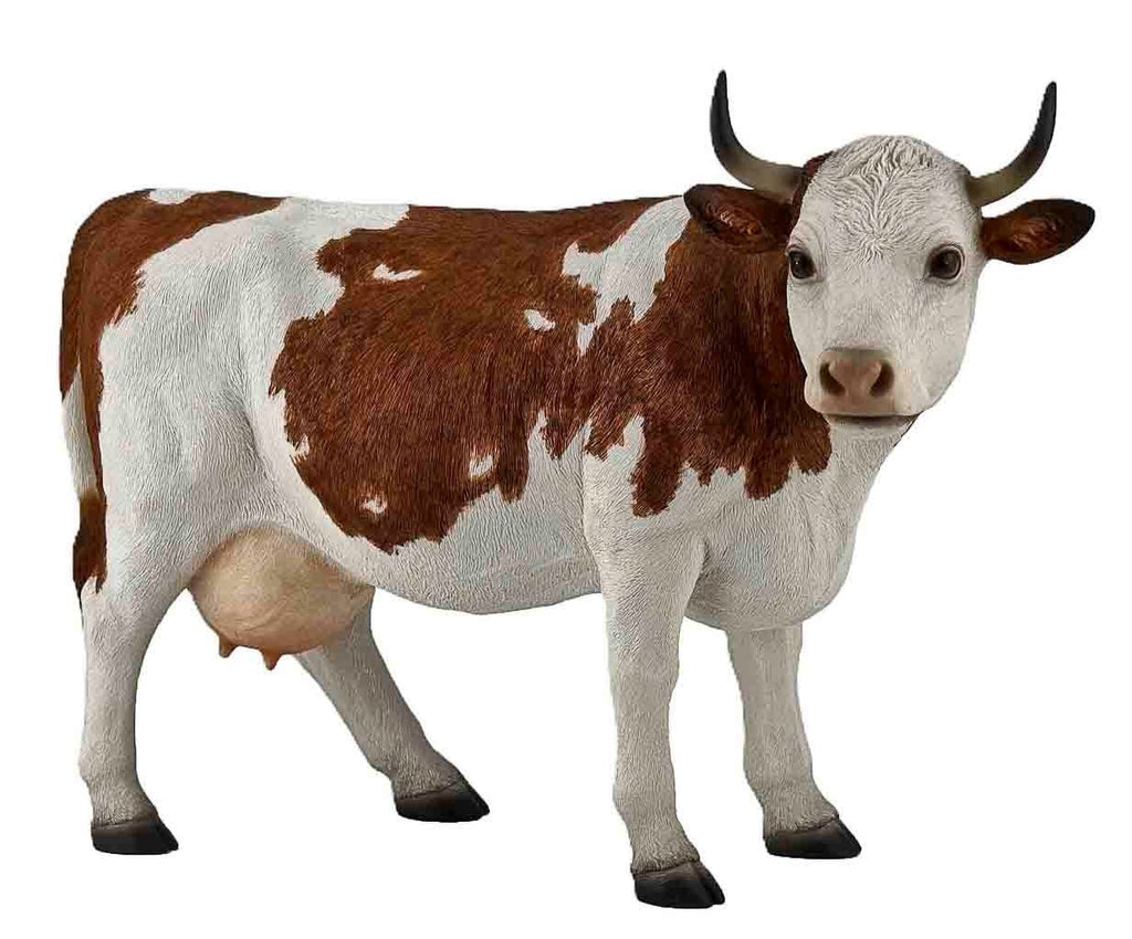 Resin Cow Farm Animal Statue 32cm Brown White Farmhouse Garden Ornament
