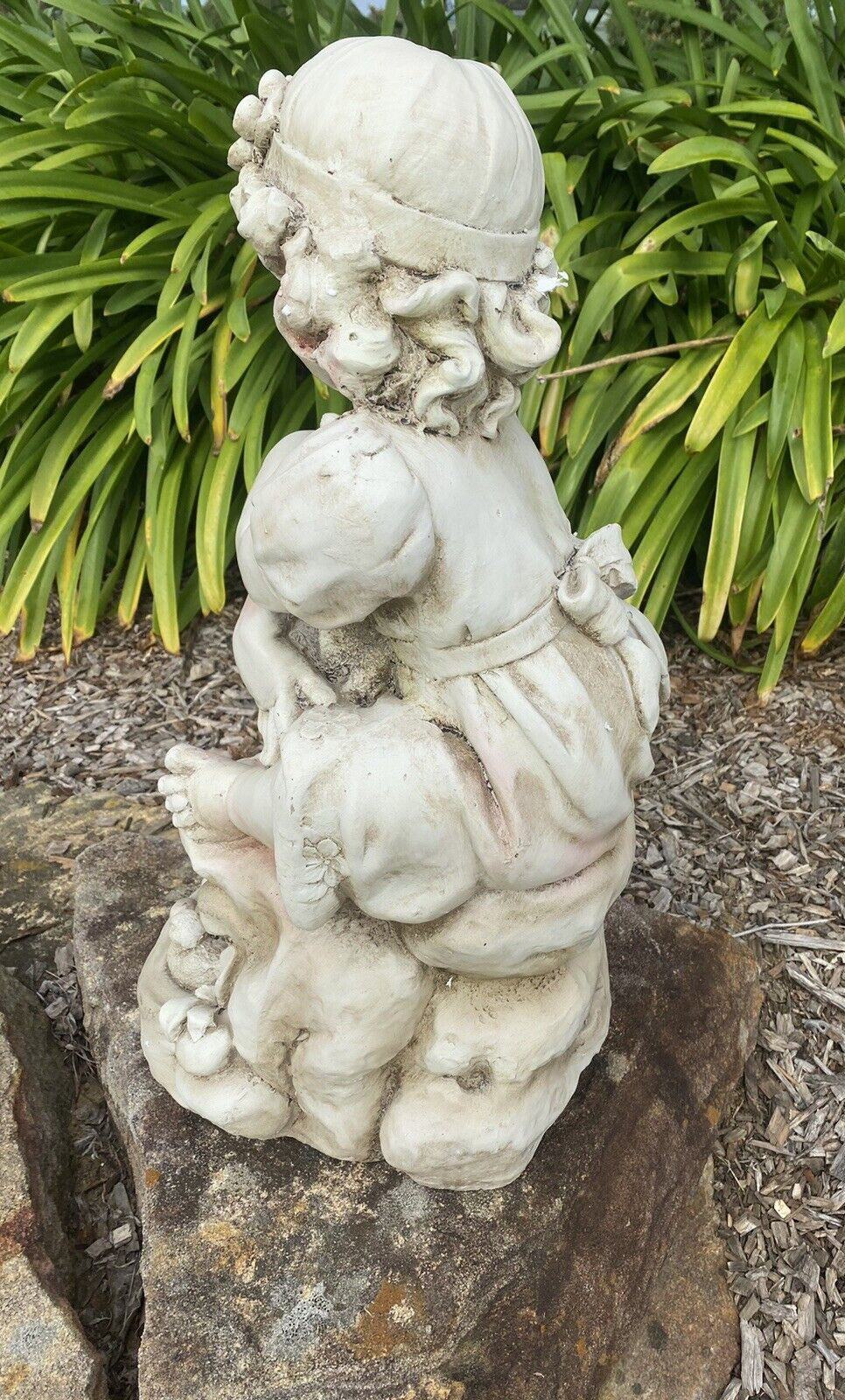 Girl Sitting with A Duck Garden Statue Figurine Ornament Children Antique White