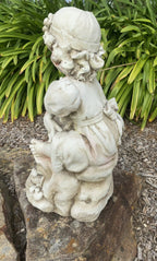 Girl Sitting with A Duck Garden Statue Figurine Ornament Children Antique White