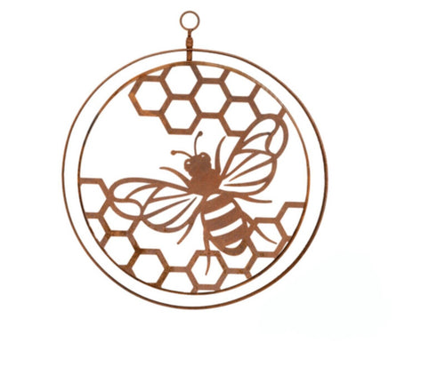 Bee on Honeycomb  Round Rust Corten Steel Metal Hanging Double Ring 34cm