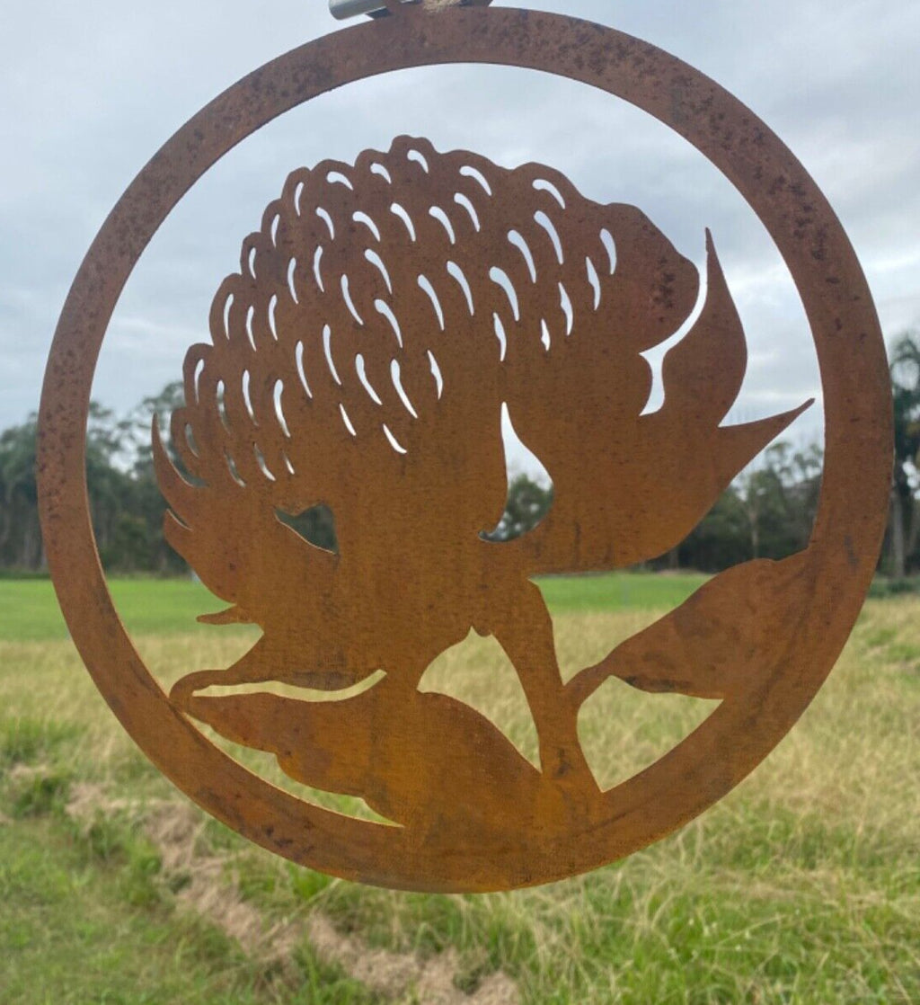 Australian Waratah Flower Round Rust Corten Steel Metal Hanging Décor 28cm