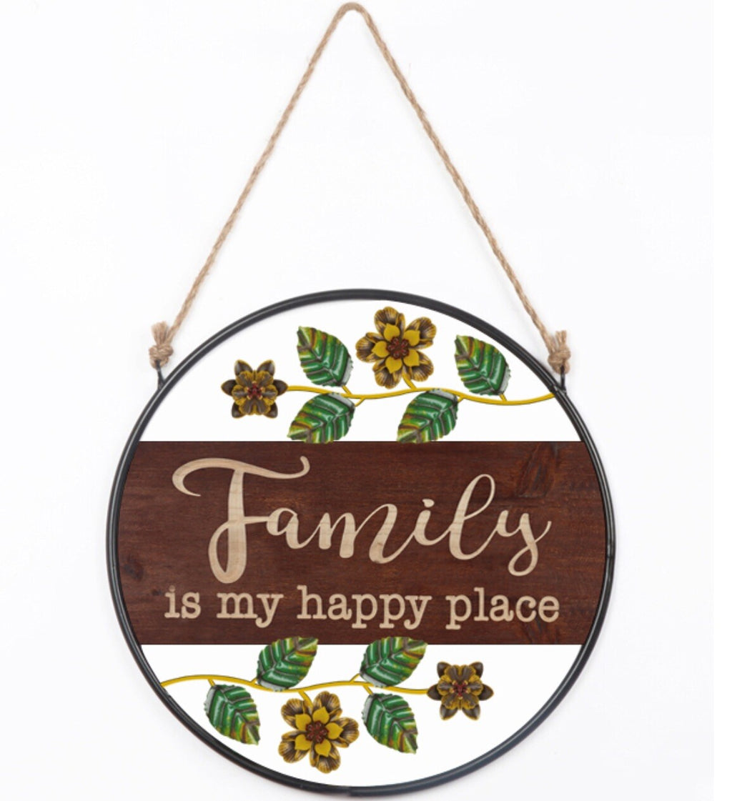 Family Is My Happy Place Wall Sign Hanging Metal 35cm x 35cm Brown
