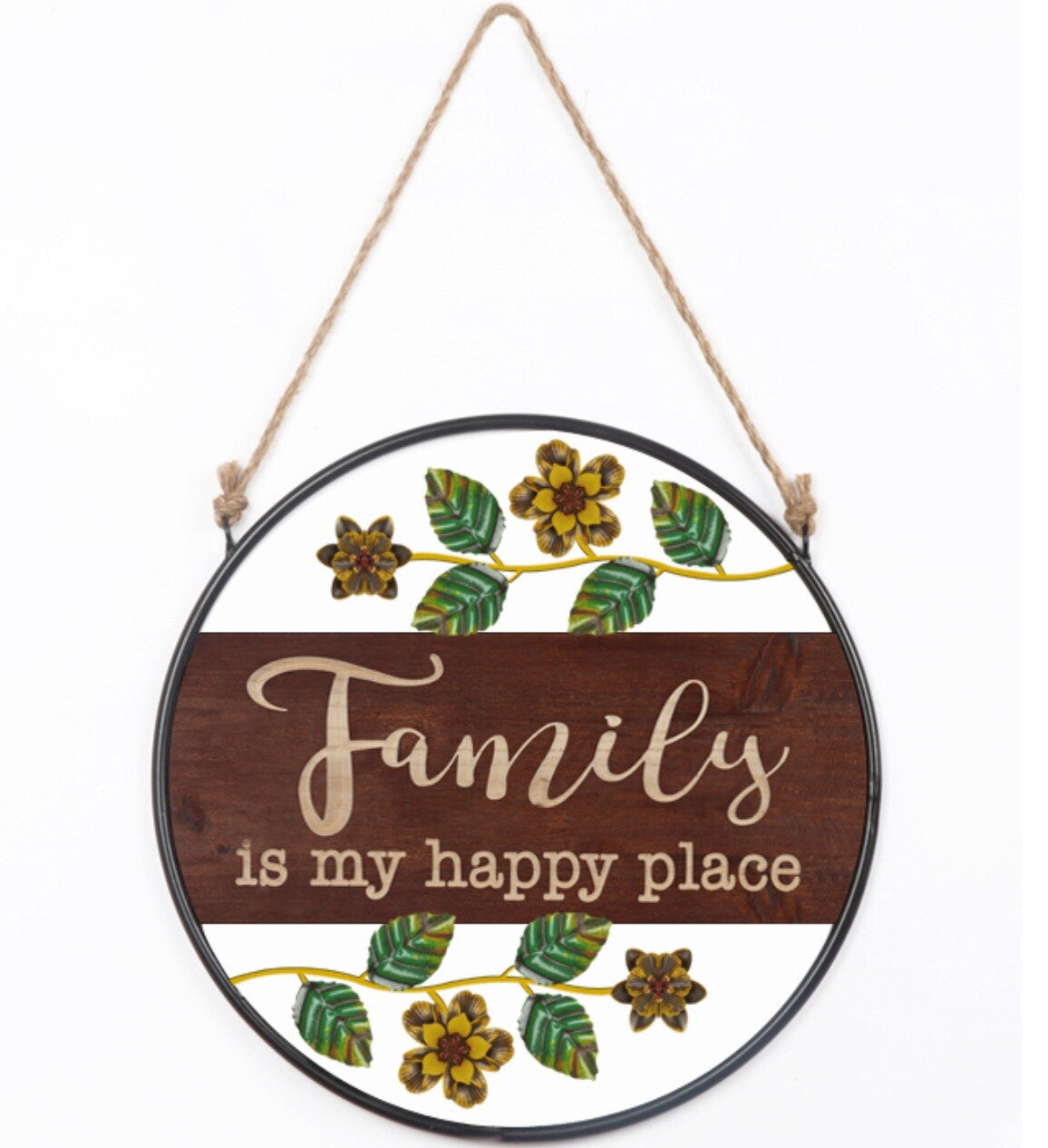 Family Is My Happy Place Wall Sign Hanging Metal 35cm x 35cm Brown