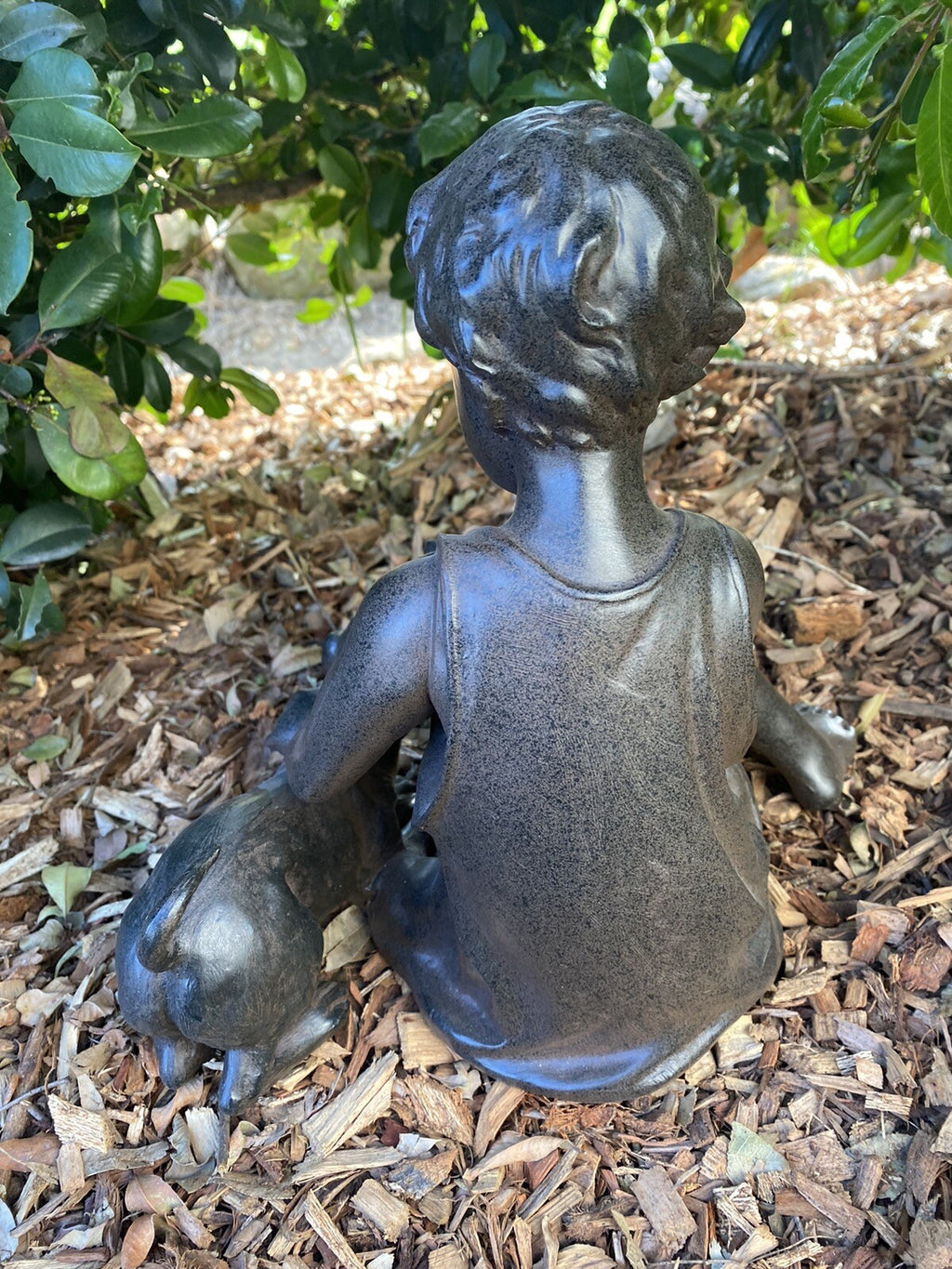 BOY SITTING WITH HIS PLAYFUL DOG  PUPPY GARDEN STATUE ORNAMENT FIGURINE