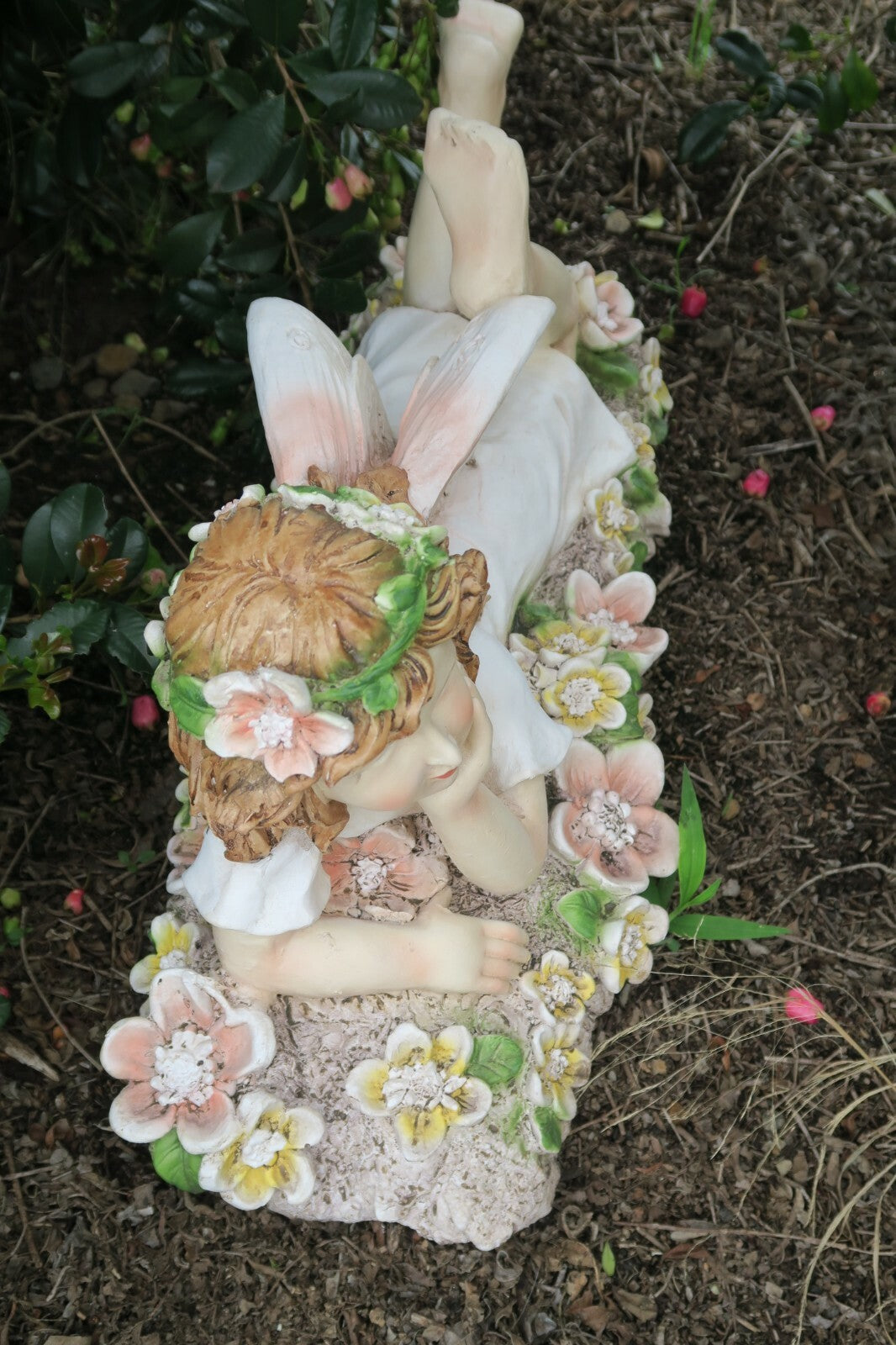 Fairy Fairies Statue Laying In A Bed Of Coloured Flowers Garden Ornament 52cm