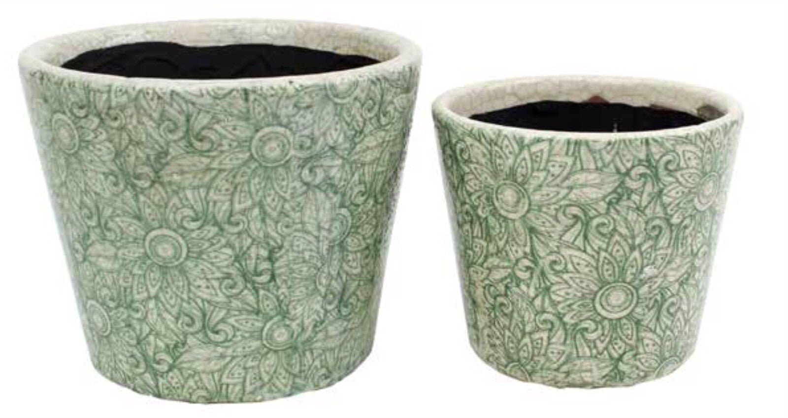 Rustic Floral Print Ceramic Pots Pot Set of 2 Round Indoor Plant Succulent Green