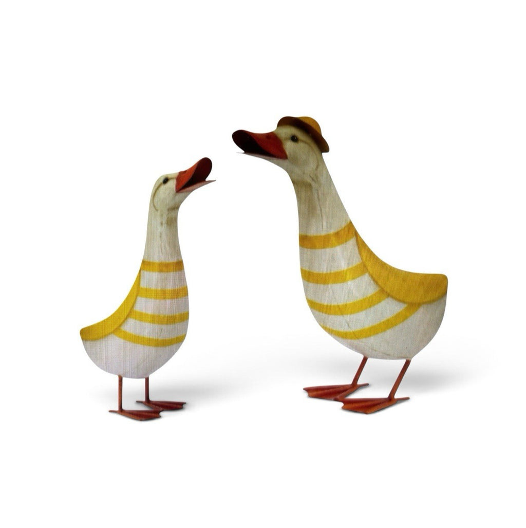 Set of 2 Metal Yellow & White Duck Garden Statues | Outdoor Decorative Ornament