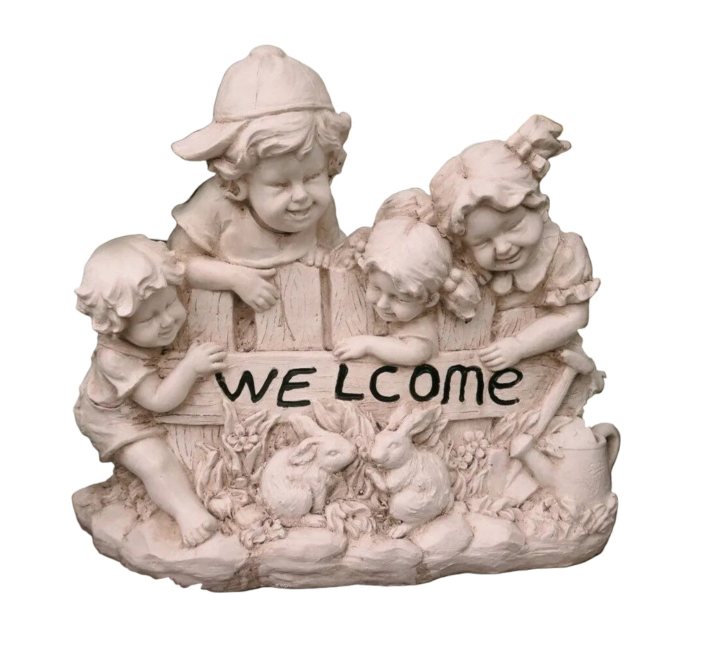 Boy Girl Welcome Garden Statue Rabbits Figurine Sculpture Ornament Children