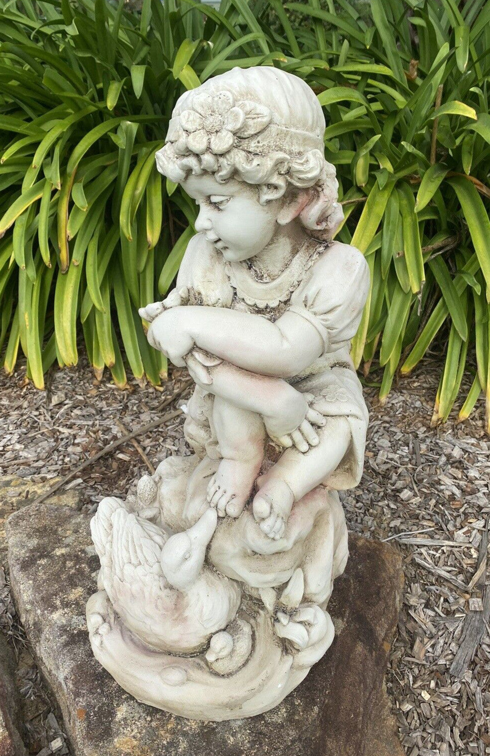 Girl Sitting with A Duck Garden Statue Figurine Ornament Children Antique White