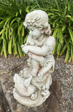 Girl Sitting with A Duck Garden Statue Figurine Ornament Children Antique White