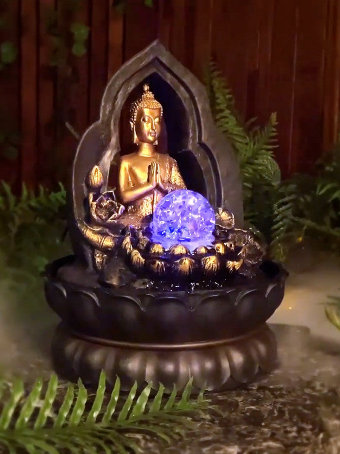 BUDDHA GOLD THAI GILT WATER FEATURE FOUNTAIN INDOOR OUTDOOR BENCH TOP HOME DECOR