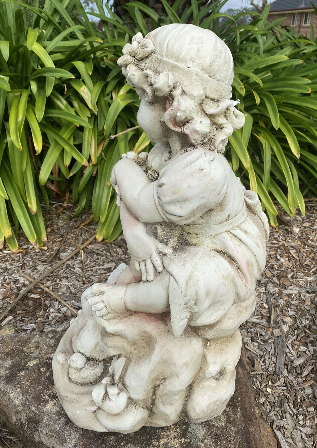 Girl Sitting with A Duck Garden Statue Figurine Ornament Children Antique White
