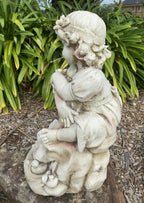Girl Sitting with A Duck Garden Statue Figurine Ornament Children Antique White