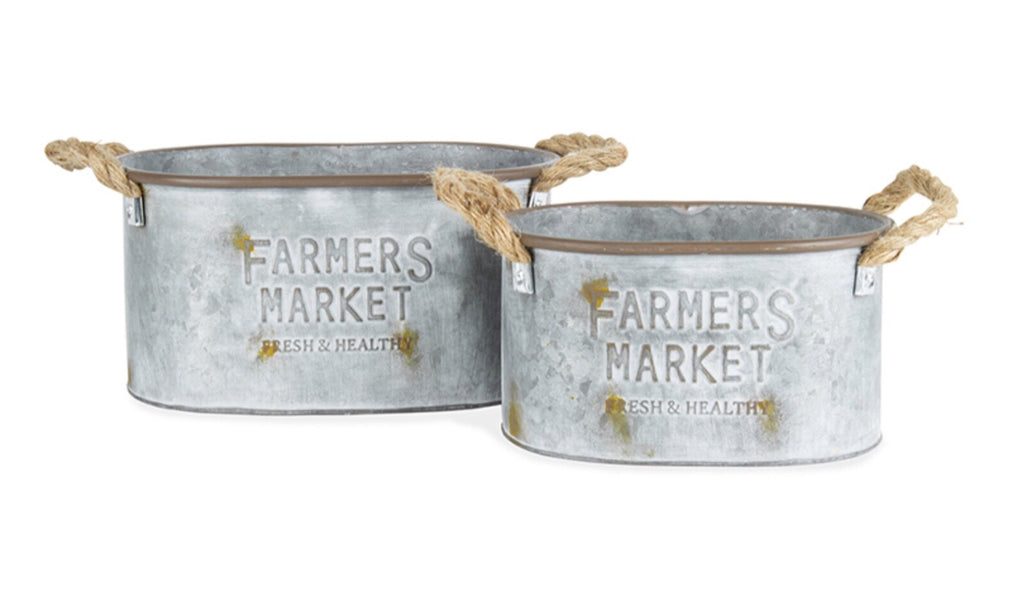GALVANISED METAL COUNTRY FARMERS MARKET PLANTER POT TUB BUCKET SET OF 2