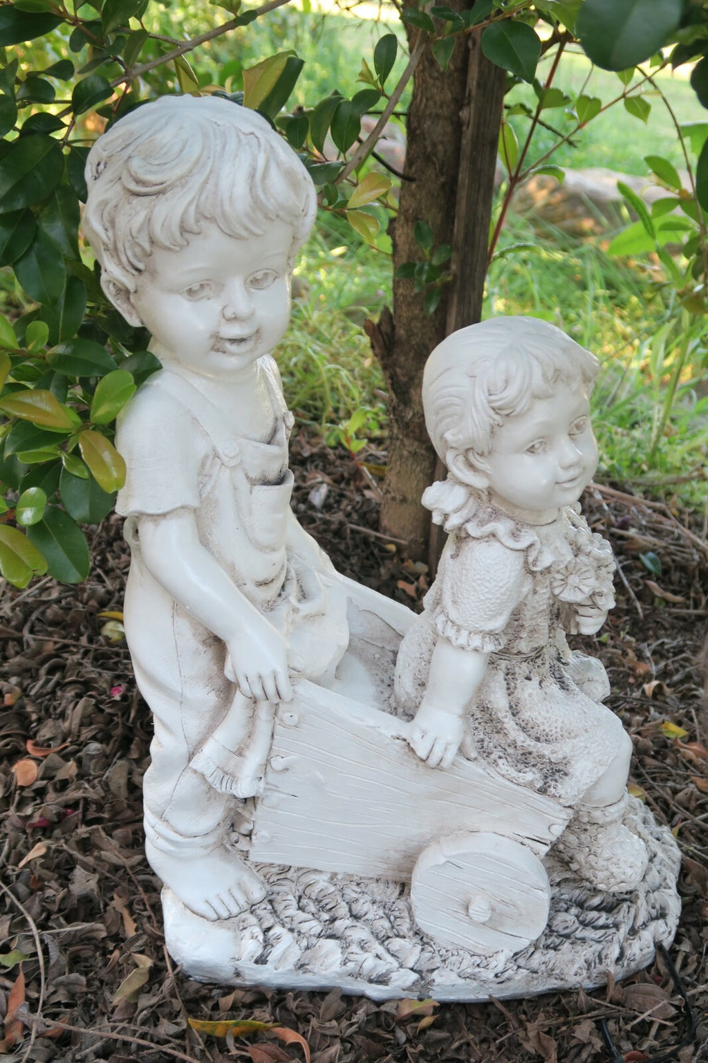 Boy Girl Statue In a Wheelbarrow Garden Figurine Sculpture Ornament Children