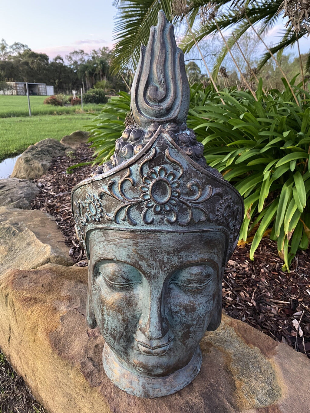 Antiqued Angkok Buddha Head Statue Garden Ornament Sculpture 77cm