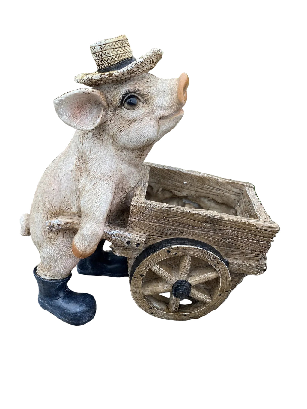 PIG PUSHING A WHEELBARROW  FARM ANIMAL GARDEN STATUE ORNAMENT FIGURINE