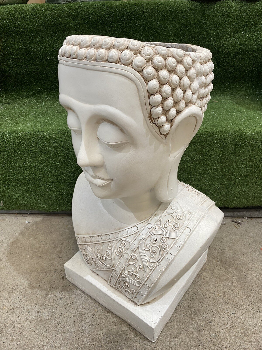 THAI BUDDHA HEAD PLANTER FLOWER POT ORNAMENT ANTIQUE WHITE 46CM