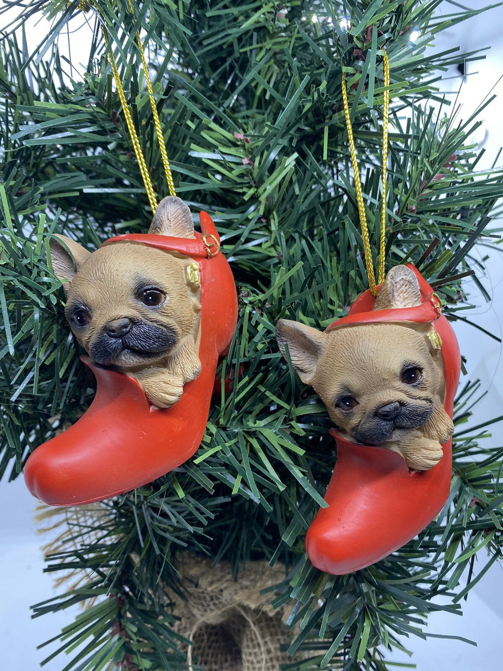 2 x French Frenchie Bulldog  Dog Puppy Christmas Xmas Tree Decoration Statue