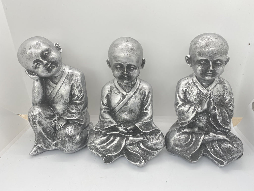 Monk Buddha Statue Sitting Ornaments Figurine Silver 18 cm high Set of 3