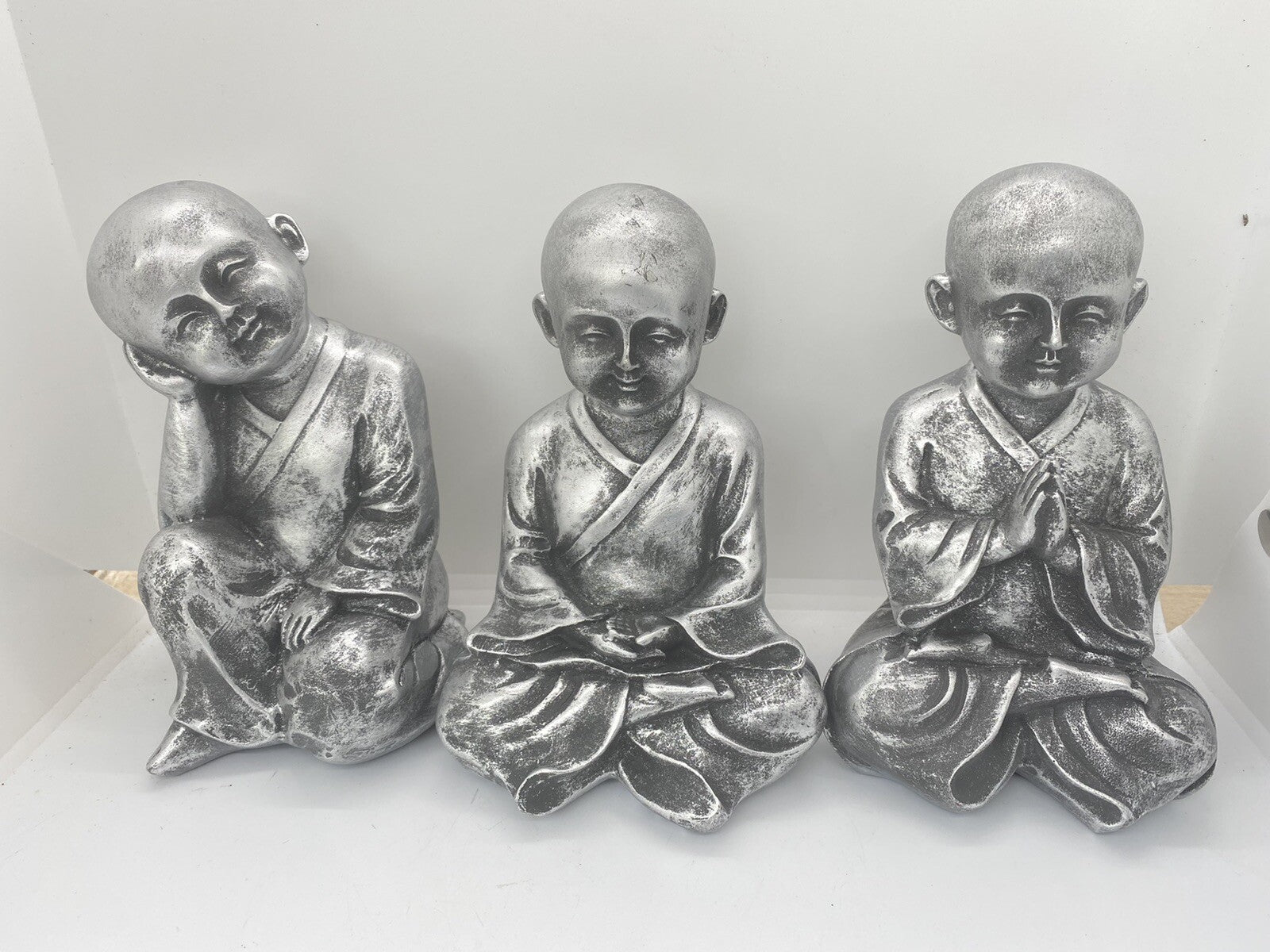 Monk Buddha Statue Sitting Ornaments Figurine Silver 18 cm high Set of 3