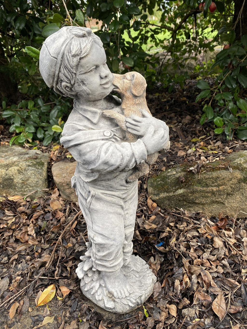 Boy Holding Dog Statue Ornament Animal Concrete Cement Garden Australian Made