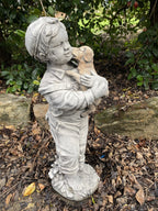Boy Holding Dog Statue Ornament Animal Concrete Cement Garden Australian Made