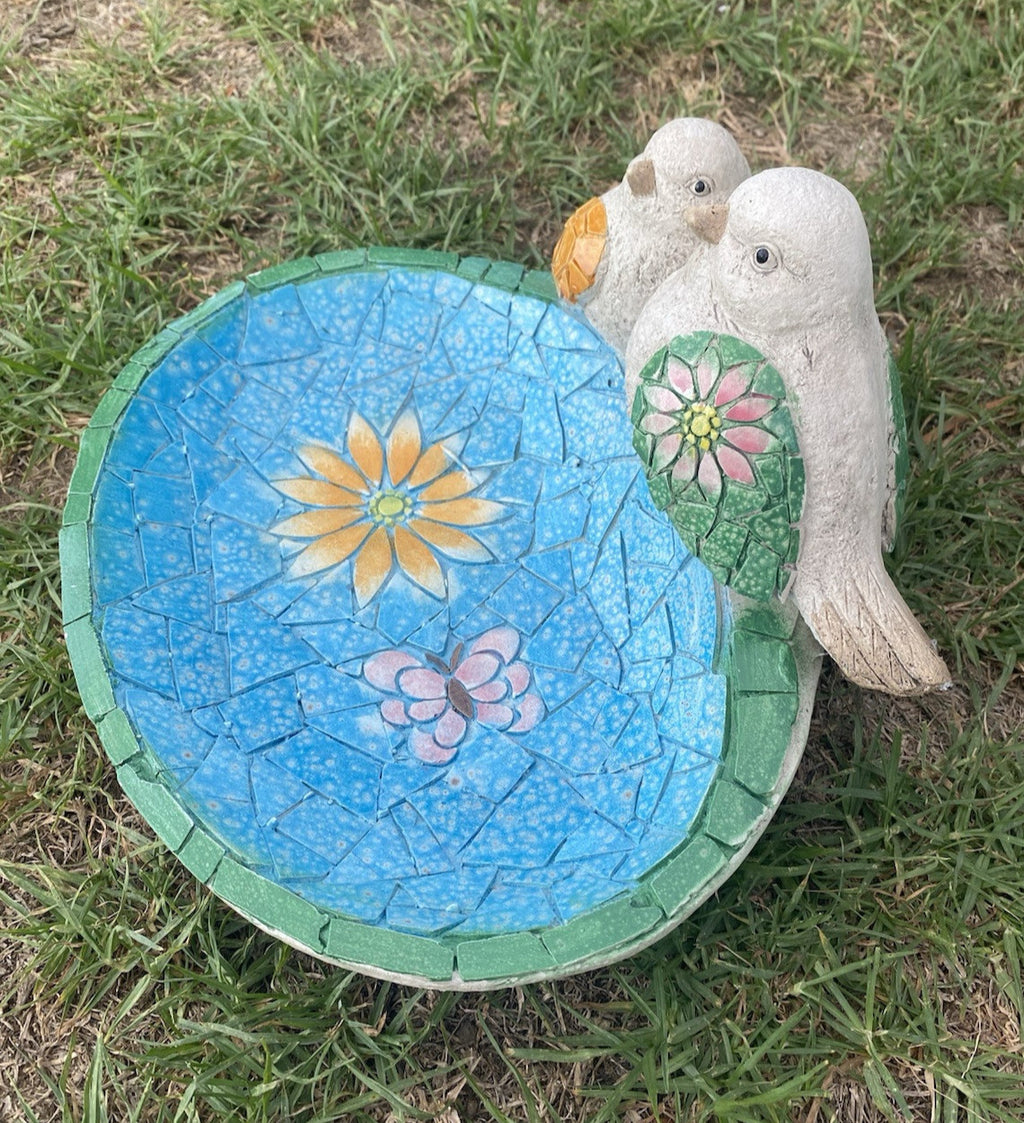 Mosaic Look Bird Bath Feeder Station Bee Garden Statue Ornament