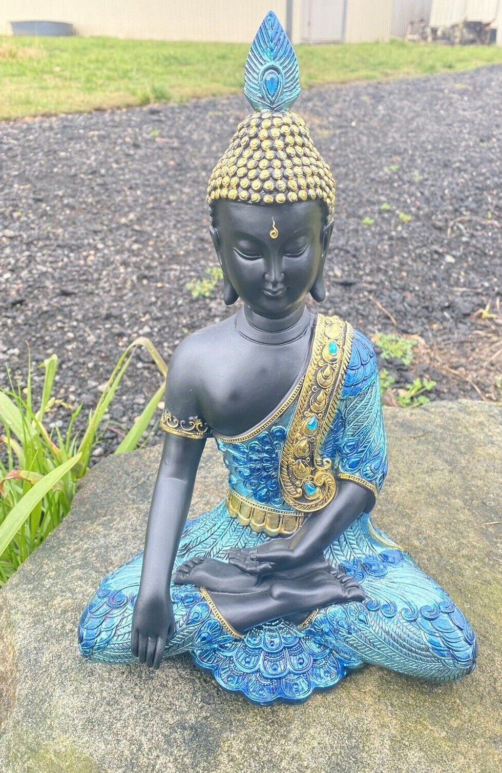 Meditating Thai Buddha In a Blue Peacock Statue Ornament Figurine Home Decor