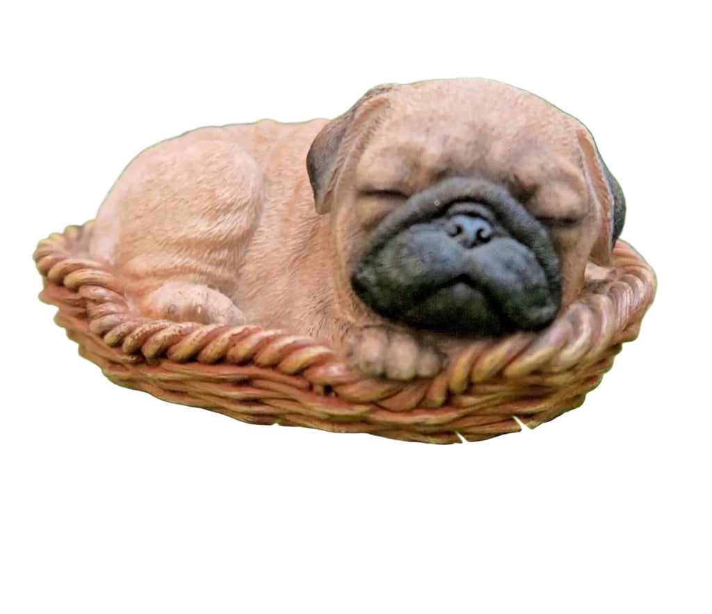 Brown Dog Puppy Pug Asleep In Basket Ornament ~ Statue ~Home Decor