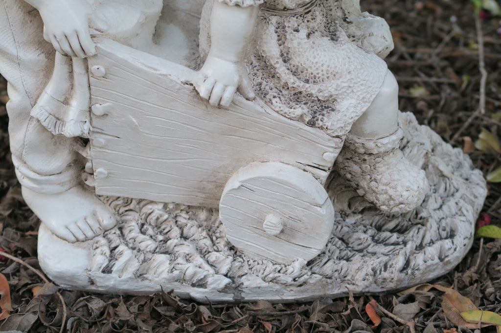 Boy Girl Statue In a Wheelbarrow Garden Figurine Sculpture Ornament Children