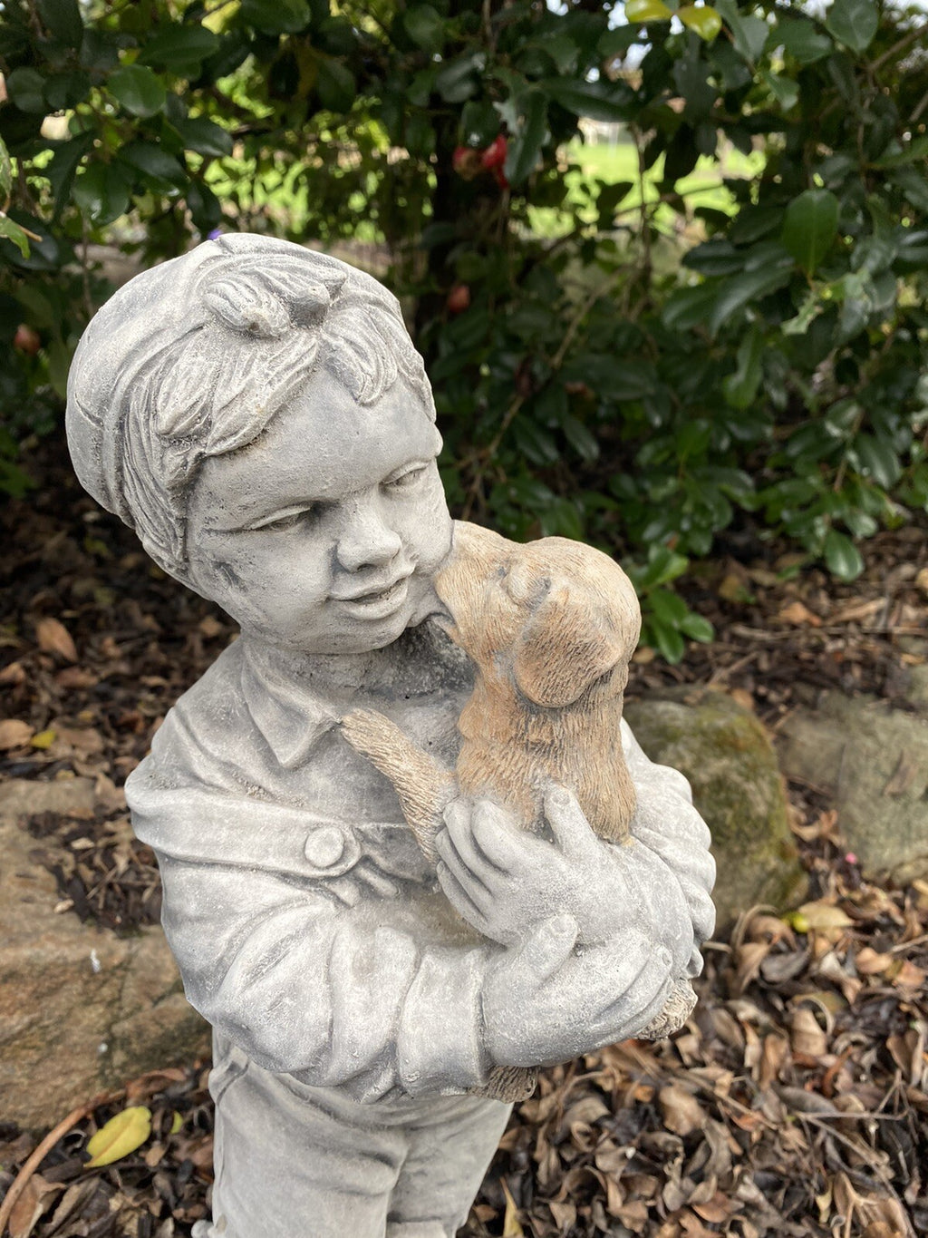 Boy Holding Dog Statue Ornament Animal Concrete Cement Garden Australian Made
