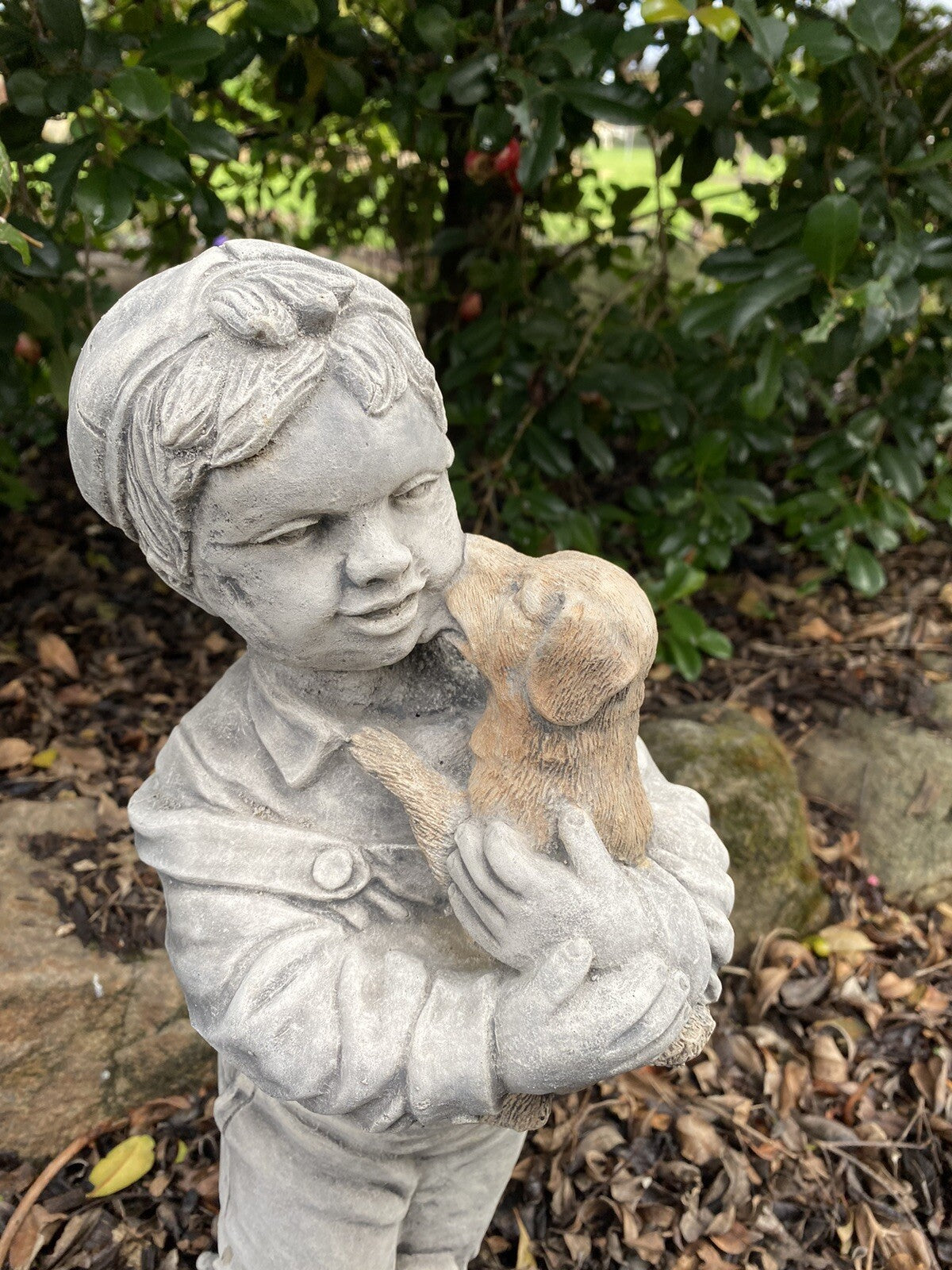 Boy Holding Dog Statue Ornament Animal Concrete Cement Garden Australian Made
