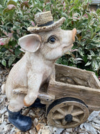 PIG PUSHING A WHEELBARROW  FARM ANIMAL GARDEN STATUE ORNAMENT FIGURINE