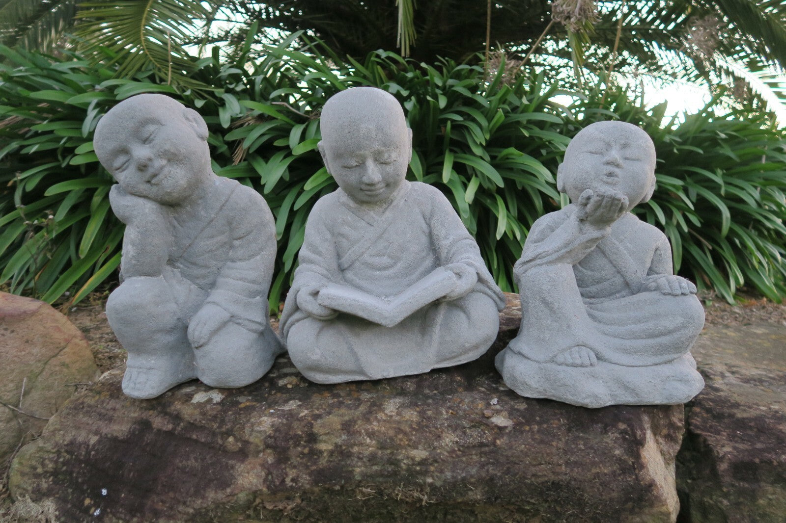 Monk Statue Buddha Shaolin Concrete Garden Ornament 42CM High Grey Set of 3