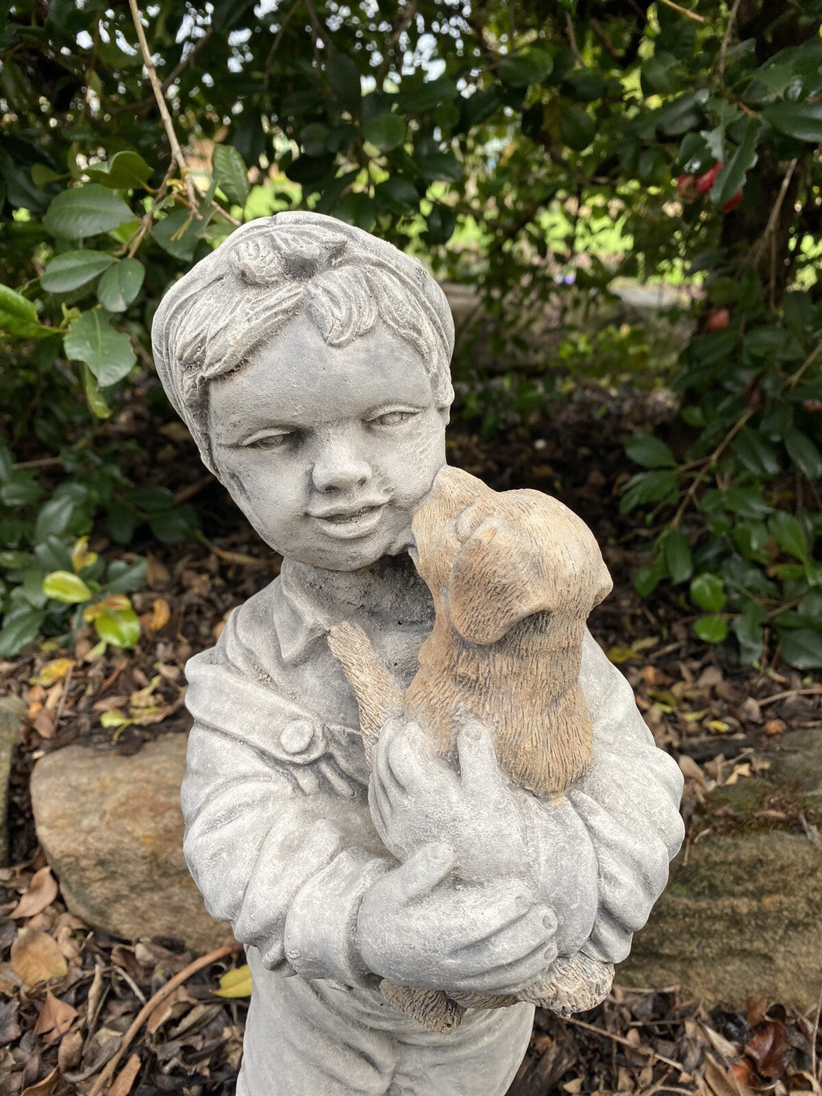 Boy Holding Dog Statue Ornament Animal Concrete Cement Garden Australian Made