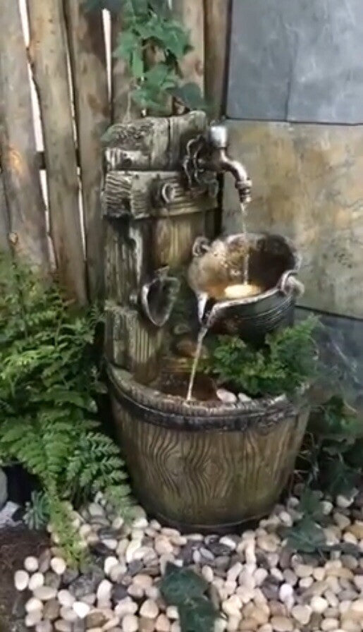 COURTYARD TAP BUCKET WATER FEATURE FOUNTAIN INDOOR OUTDOOR BENCH TOP HOME DECOR