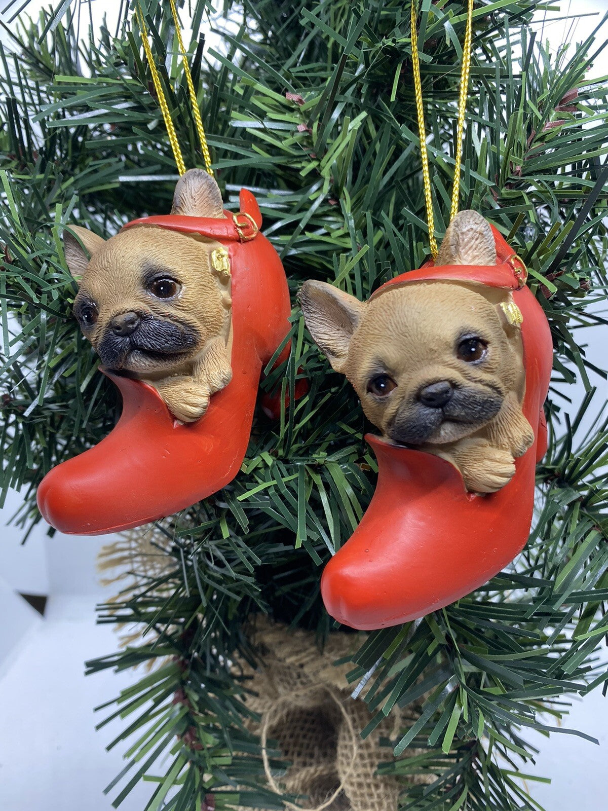 2 x French Frenchie Bulldog  Dog Puppy Christmas Xmas Tree Decoration Statue