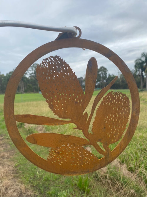 Australian Native Banksia Flower Round Rust Corten Steel Metal Hanging 28 cm