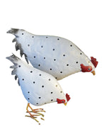 2 x Metal Spotted Hen Chicken White Statue Garden Ornament Décor Farm Animals