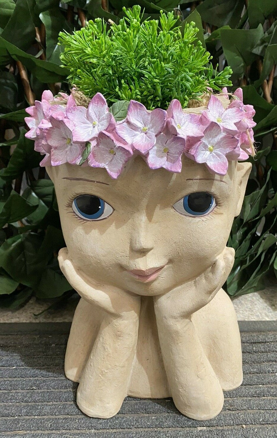 Hydrangea Girl Head Planter Pot for Succulents Cactus Indoor Plants Eyes Open