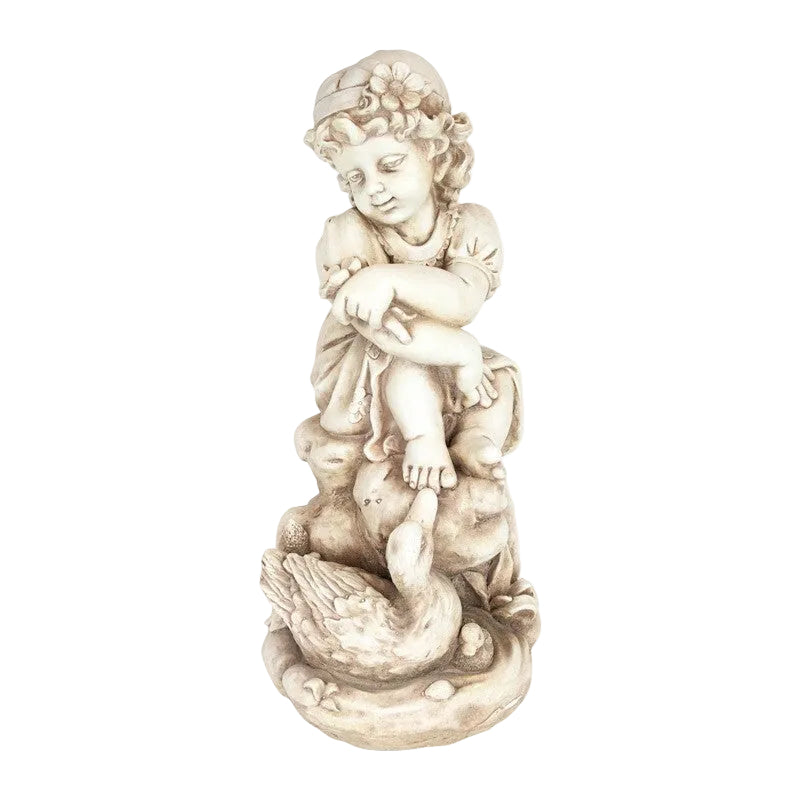 Girl Sitting with A Duck Garden Statue Figurine Ornament Children Antique White