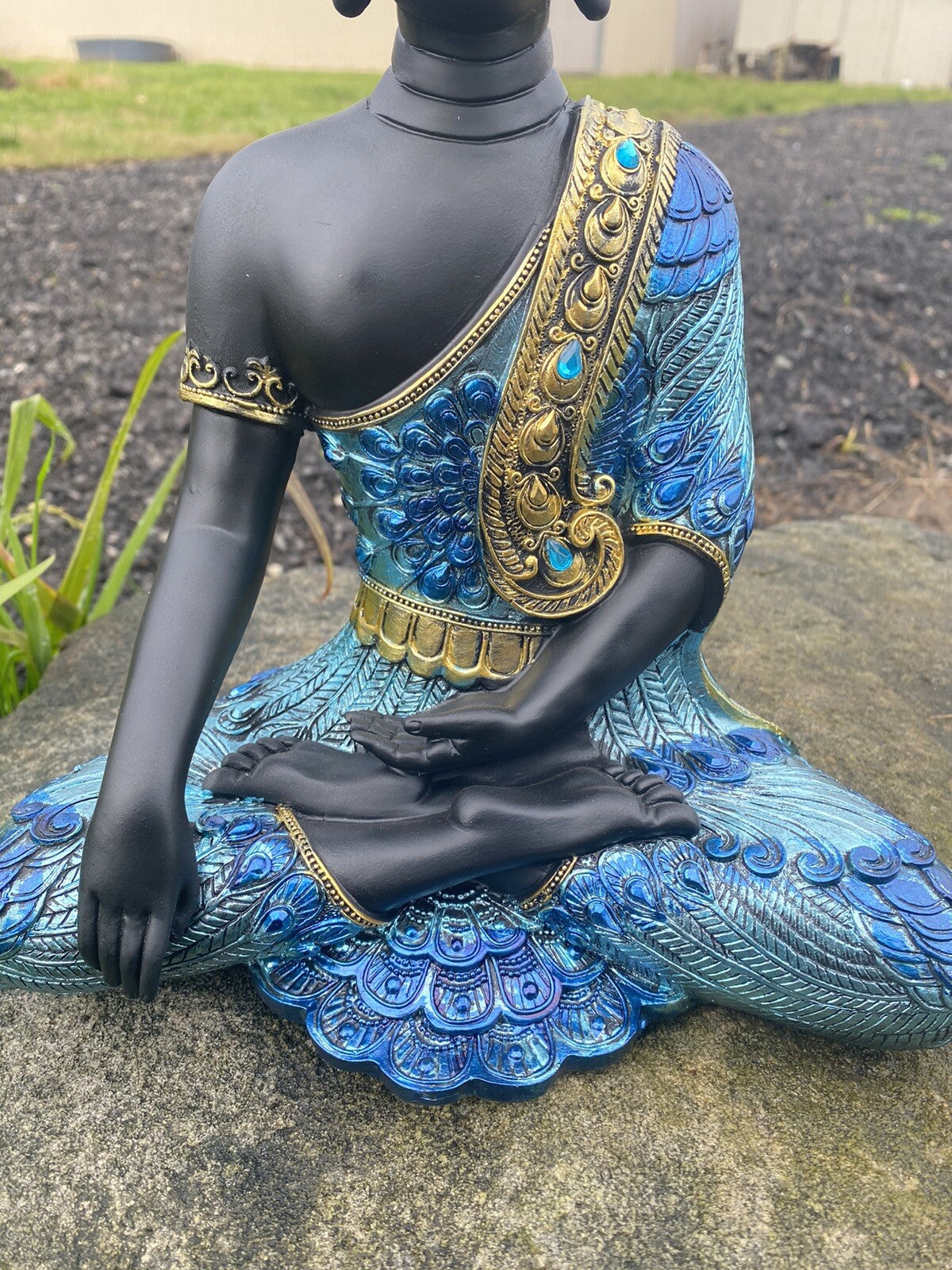 Meditating Thai Buddha In a Blue Peacock Statue Ornament Figurine Home Decor