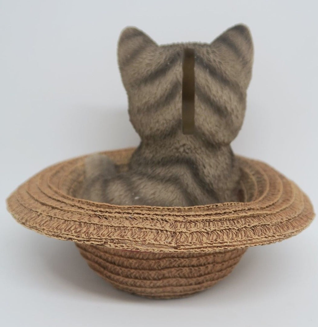 GREY TABBY CAT MEMORAIL IN A HAT MONEY BOX ANIMAL GARDEN STATUE ORNAMENT  GIFT