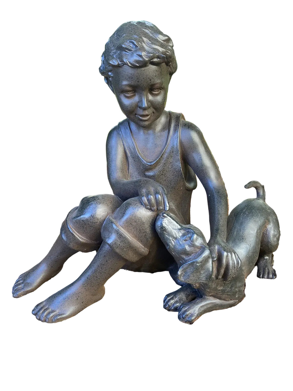 BOY SITTING WITH HIS PLAYFUL DOG  PUPPY GARDEN STATUE ORNAMENT FIGURINE